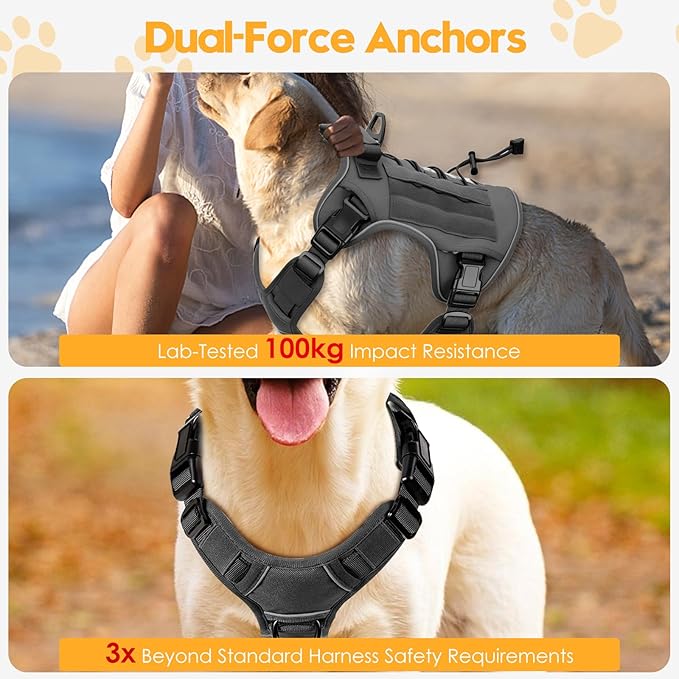 Heavy-Duty Tactical Dog Harness for Large Dogs, No Pull Adjustable Reflective Pet Vest with Molle System, K9 Military-Grade Control for Service Training, Outdoor & 10+ Breeds, Gray, Large-Mewly Pet