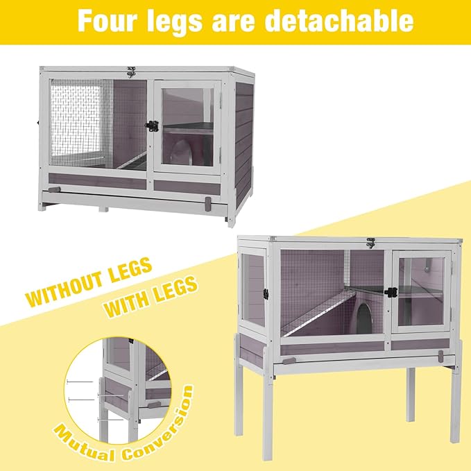 Aivituvin 2-Story Rabbit Hutch with Anti-Chew Ramp & Zinc Sheet - 36.6" Indoor Guinea Pig Cage, Wooden Stand, Pull-Out Tray & Leakproof Floor (Grey)-Mewly Pet