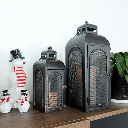 DECORKEY Luxury Lantern Decorative Outdoor & Indoor, Set of 2 (19’’&13’’) Metal Candle Lanterns Decor, Vintage Hanging Candle Holder for Front Porch Patio Wedding Farmhouse Home, Christmas Decorations