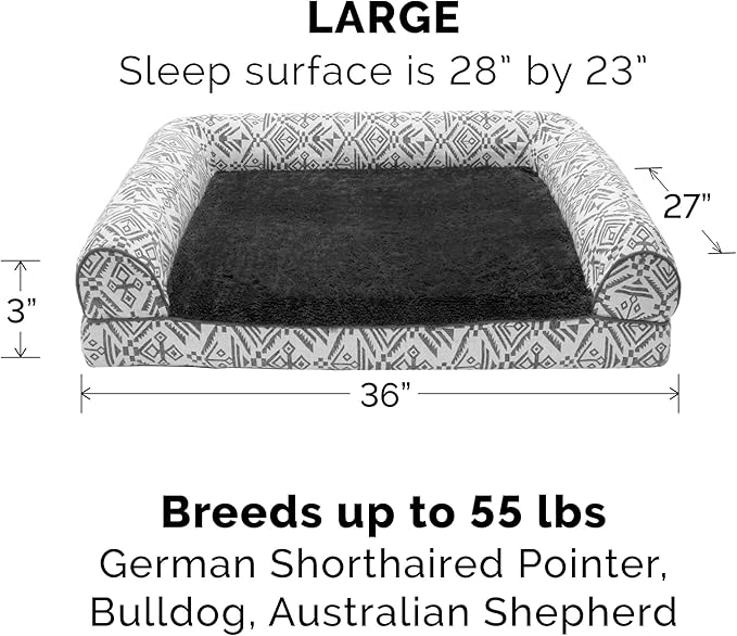 Furhaven Orthopedic Dog Bed for Large/Medium Dogs w/ Removable Bolsters & Washable Cover, For Dogs Up to 55 lbs - Plush & Southwest Kilim Woven Decor Sofa - Boulder Gray, Large-Mewly Pet