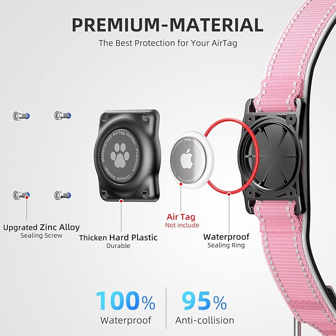 Airtag Dog Collar - 100% Waterproof Air tag Dog Collar Holder for Apple AirTag, Reflective, Soft Padded, Everlasting, GPS Dog Collar for Small Medium Large Dogs (Pink, XL)-Mewly Pet