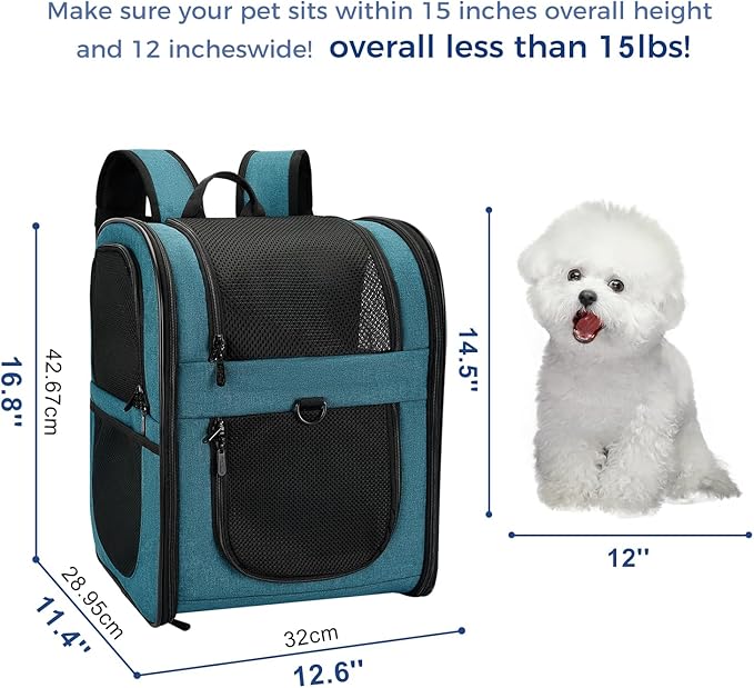 Apollo Walker Dog & Cat Carrier Backpack for 4-15lb Pets - Ventilated Safe Design with Padded Back Support, Breathable Mesh Pet Backpack for Hiking, Travel, Outdoor (Teal)-Mewly Pet