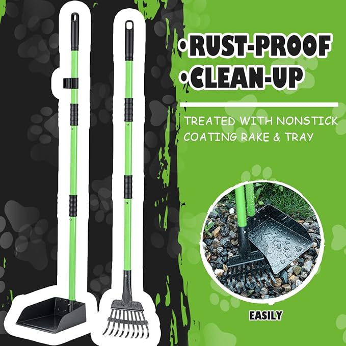 MXF Dog Pooer Scooper Set, 2 in 1 Pet Poop Scooper with Long Handle 28" Dog Poop Picker Upper and Stainless Metal Tray & Rake for Medium & Small Dogs, Heavy Duty for Grass, Dirt, Gravel-Mewly Pet