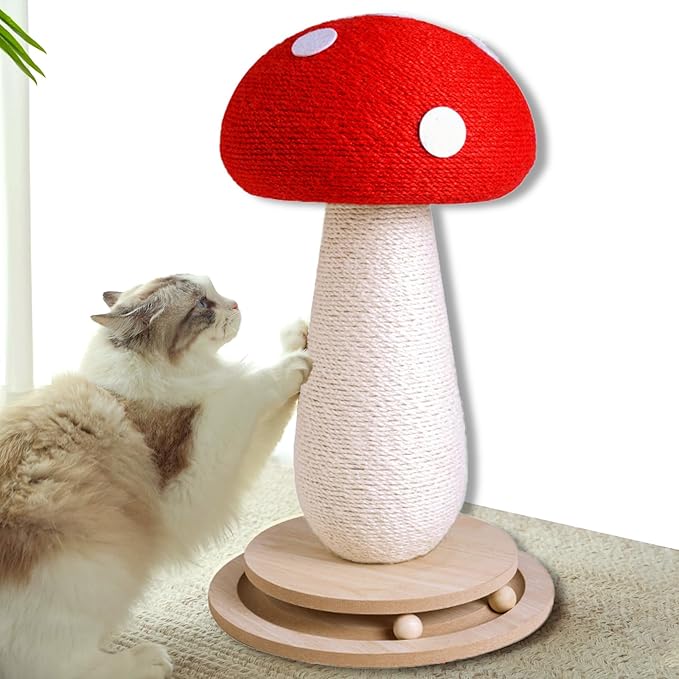 Cat Scratching Post Mushroom Cat Tree with Natural Sisal, Weighted Base & Interactive Ball - for Kittens to Adult Cats - Perfect for Indoor Cats (Red, Large 21 in, 7)-Mewly Pet