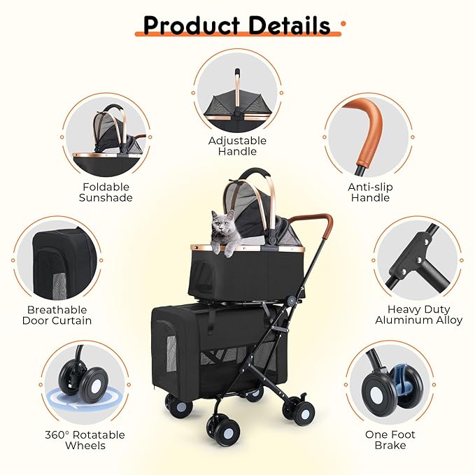 Double Pet Stroller for Small Medium Dogs - 4 In1 Dog Stroller for 2 Pets, Detachable and Foldable with 360°Rotating Wheels, Easy Assembly and Compact Size-Mewly Pet