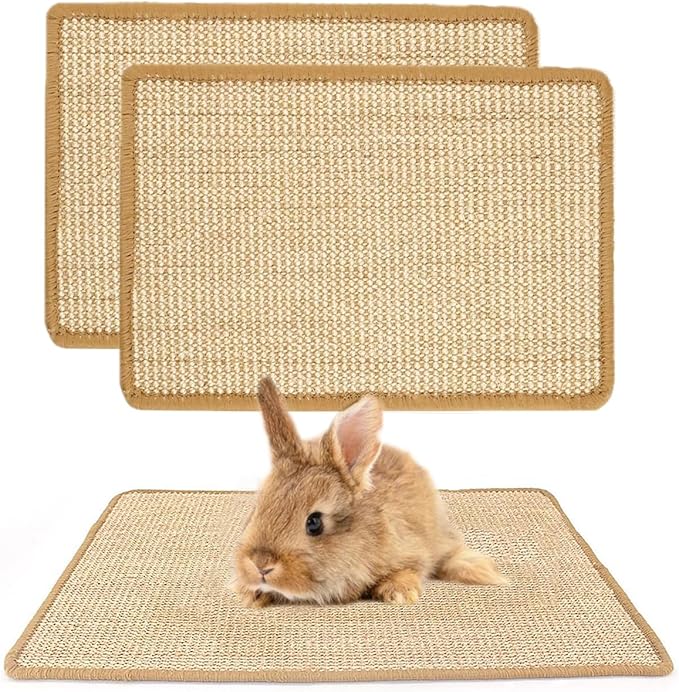 PODOO Bunny Scratch Pads, Sisal Rabbit Scratching Pad, Natural Rabbit Resting Mats for Cages, Forage Grass Mat Indoor Essentials Accessories for Guinea Pig Cat (2Pcs, 15.7x11.8 inches)-Mewly Pet