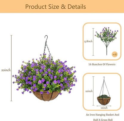 Artificial Hanging Flowers Basket for Outdoor, 16 Fake Flowers Look Real UV Resistant, Faux Hanging Plants for Porch, Balcony, Patio, Garden, Spring Summer Decor,Purple