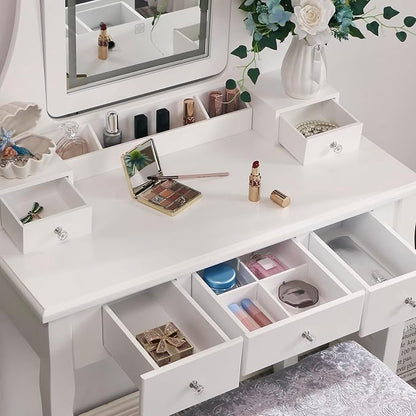 BEWISHOME Vanity Desk, Girls Vanity Set with Mirror and Lights,Small Makeup Vanity Table with 5 Drawer & Stool,Dressing Table with 3 Colors Lighting Adjustable Brightness for Girls White FST07W