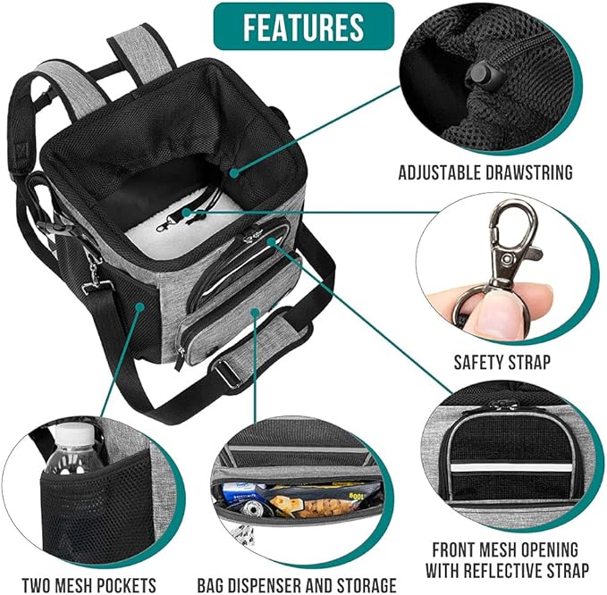 PetAmi Dog Bike Basket, Soft-Sided Ventilated Dog Bike Carrier Backpack, Pet Bicycle Basket for Bike Handlebar, Small Medium Puppy Cat Kitten Car Booster Seat with Safety Strap, Max 18 lbs, Gray-Mewly Pet