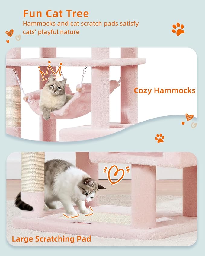 Taoqimiao Cat Tree, 68-Inch Cat Tree Cat Tower for Indoor Cats, Plush Multi-Level Cat Condo with 6 Scratching Posts, 2 Perches, 2 Caves,Hammock, 3 Pompoms,MS020SP Jelly Pink-Mewly Pet