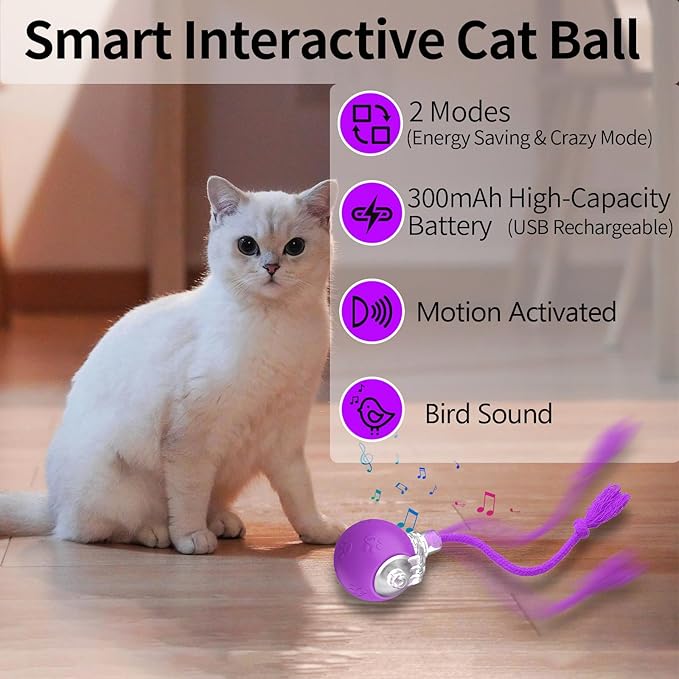 Interactive Cat Toys, Automatic Moving Cat Toys for Bored Indoor Adult Cats, Fast Rolling, Chirping & Motion-Activated Kitty Toys, Fun Gift for Cats with Speedy Tail 2.0, USB Rechargeable, Purple-Mewly Pet