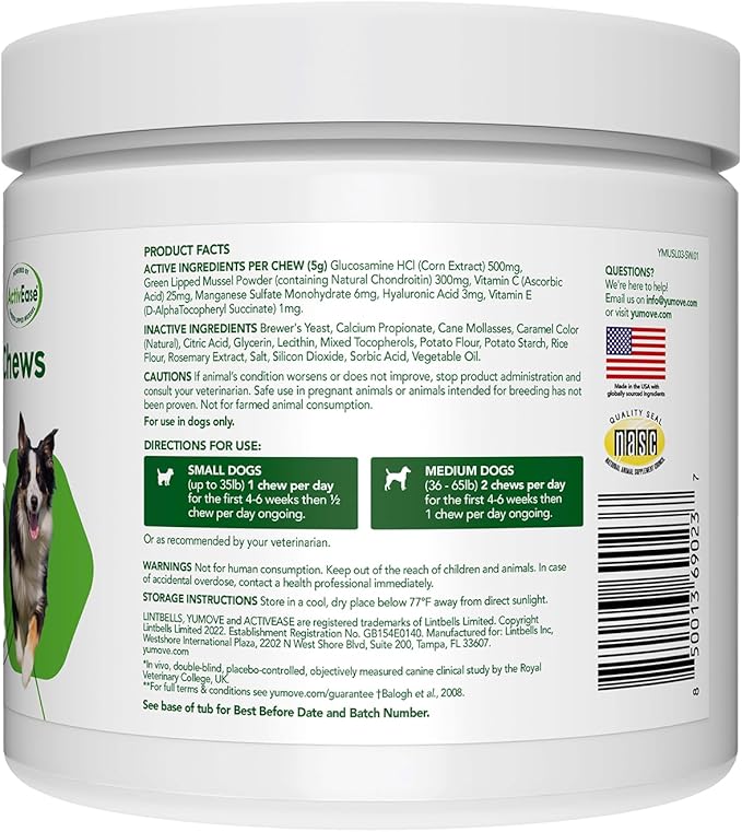 YuMOVE Hip & Joint Supplement for Dogs - With Glucosamine Chondroiton, Green Lipped Mussel , Hyaluronic Acid, and Omega 3 Joint Supplement for Stiffness and Mobility - 60 Chews (Small/Medium Dogs)-Mewly Pet