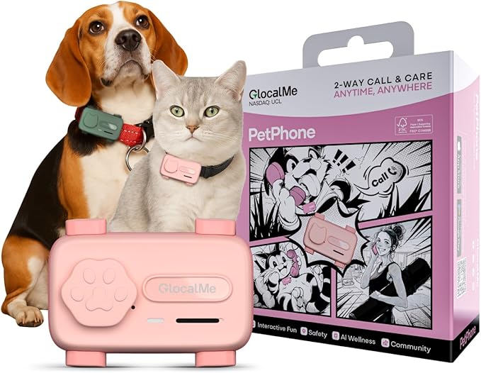 GlocalMe PetPhone for Dog and Cat, Support Play Music and Two-Way Call, Pet Community and AI Health Alerts, Real Time Tracking and Virtual Fence, Unlimited Range Pet GPS Tracker (Pink)-Mewly Pet
