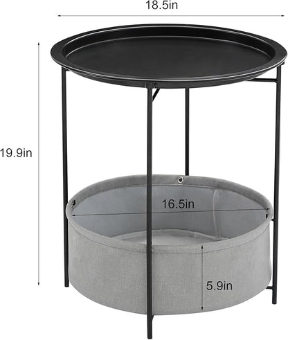 VECELO Round Side/End Table with Fabric Storage Basket，Metal Anti-Rust and Waterproof Small Bedside Nightstand with Removable Tray Top for Living Room，Balcony & Laundry，Black /2pcs with Basket