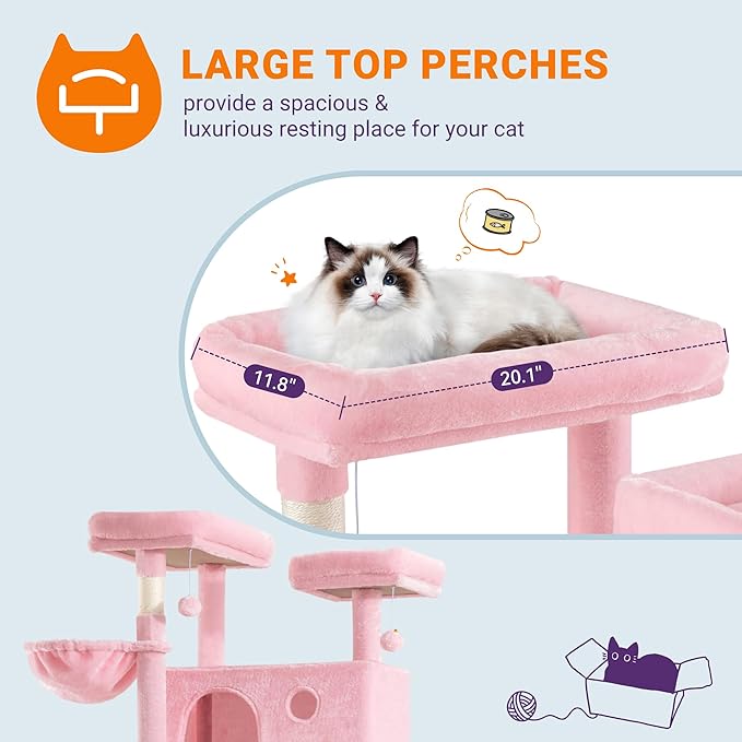 Allewie 81 Inches Tall Cat Tree/Multi-Level Large Climbing Tree House and Towers for Big Feline/Condo and Hammock/Scratching Post/Wide Base/Pink-Mewly Pet