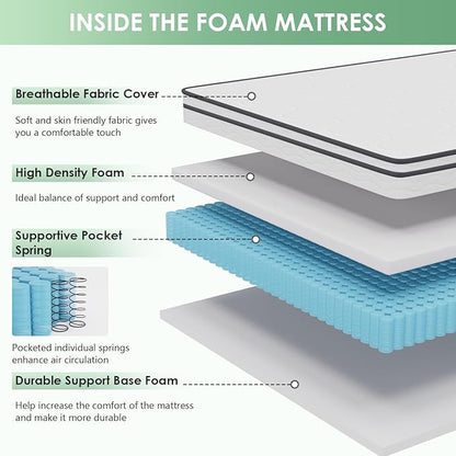 PayLessHere | 10 Inch Queen Mattress | Medium Firm Hybrid Mattress | White | with High-Density Foam and Breathable Cover | Pocket Spring Design, Pressure Relief | Bed in a Box, CertiPUR-US Certified