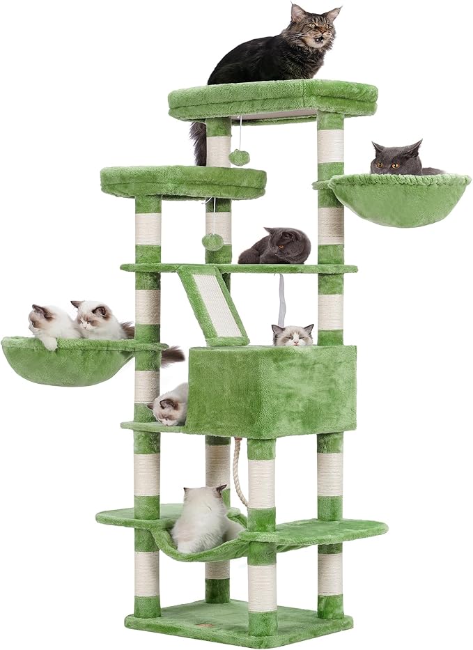 Heybly Cat Tree, 68 inch Multi-Level Cat Tower for Indoor Cats, 2 Widened Plush Perches Cat Condo with Scratching Board and Big Caves, Green HCT025GR-Mewly Pet