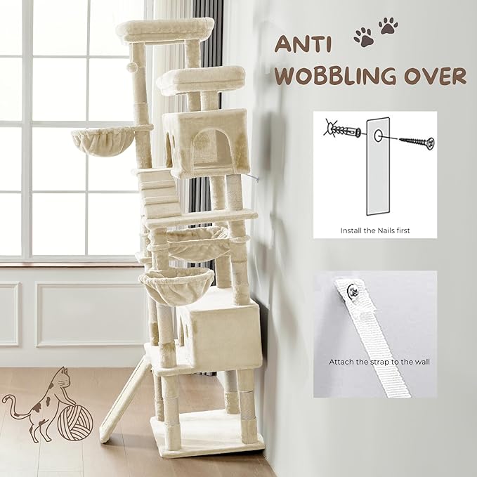 Cat Tree, 80-Inch Large Cat Tower with 9 Scratching Posts, 2 Perches, 2 Caves, 2 Basket, 2 Stairs, Extra Large Hammock, Pompoms, Multi-Level Plush Cat Condo for Indoor Cats/Beige-Mewly Pet