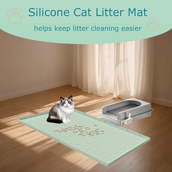 Cat Litter Mat, Silicone Large Cat Mat for Litter Box - 34x22 in, Waterproof & Non-Slip, Durable & Easy Clean, Green-Mewly Pet