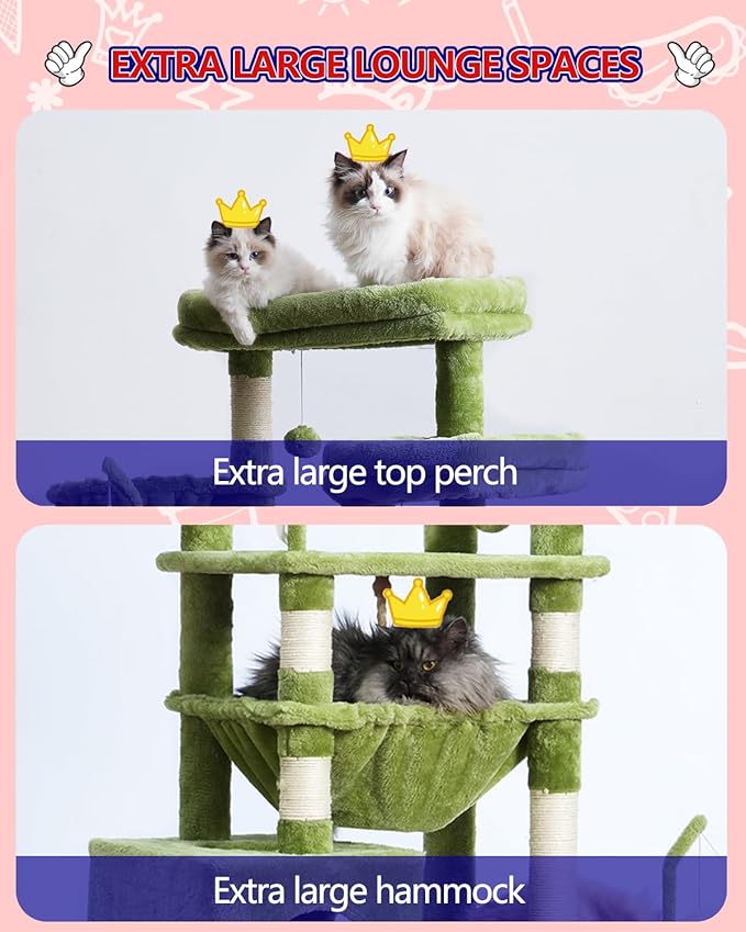 Cat Tree, Cat Tower for Large Cats with 2 Big Platforms, 2 Baskets, condo and Toys, 63" Cat Scratching Posts for Indoor Cats, Green GCT020GR-Mewly Pet