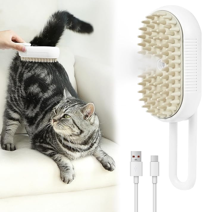 Nepfaivy Cat Steam Brush for Shedding - Steam Cat Brush for Indoor Cats, Rechargeable Steaming Pet Mist Water Steamer for Indoor Kitten, Pet Spray Hair Removal Comb for Massage, Spritz Defur Comb-Mewly Pet