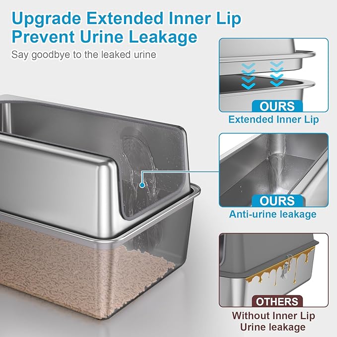 14'' High Sides XXL All Stainless Steel Cat Litter Box with Lid,XL Deep Metal Litter Box for Big Cats,Extra Large Litter Boxes with High Wall Enclosure,Anti-Leakage,Never Absorbs Odors,Non-Sticky-Mewly Pet