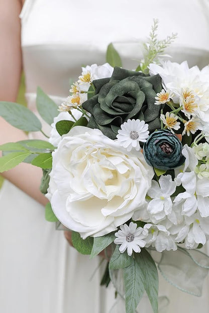 Forest Green Artificial Flowers Silk Fake Roses Peonies Greenery Combo Box Set for DIY Wedding Bouquets Bridal Shower Centerpieces Floral Arrangements Party Tables Home Decoration