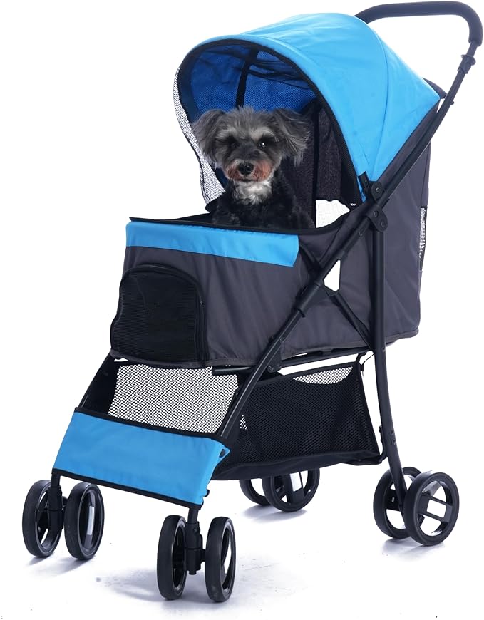 Sunny Sonny Foldable Jogger Pet Stroller with Weather Cover Storage Basket Pet Travel Carrier for S/M Dogs Cats up to 33lbs (Blue)-Mewly Pet
