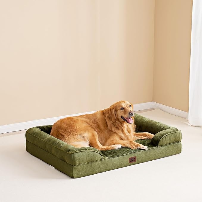 EHEYCIGA Orthopedic XL Dog Beds, Waterproof Memory Foam Dog Bed for Extra Large Dogs, Non-Slip Bottom and Egg-Crate Foam Big Pet Couch Bed with Washable Removable Cover, Olive Green-Mewly Pet