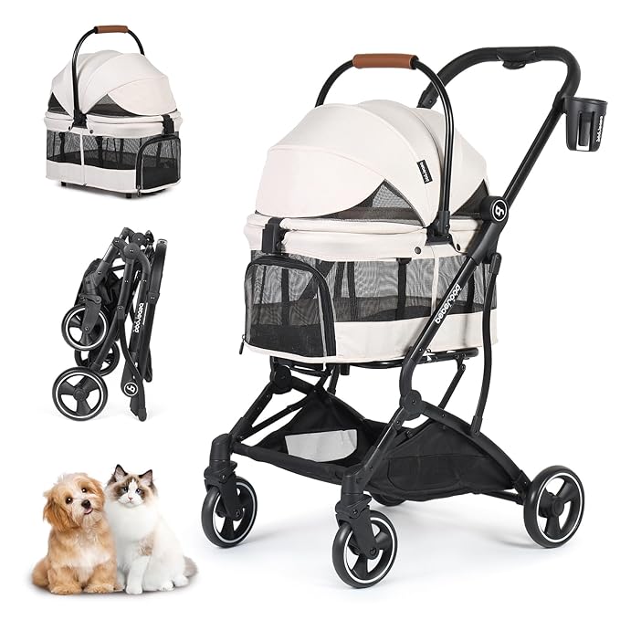 T3 Foldable Pet Stroller for Small Dogs & Cats – 3-in-1 Lightweight Design, 180° Canopy & Detachable Carrier (Beige)-Mewly Pet