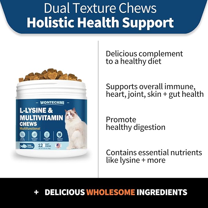 L-Lysine Supplement for Cats, Cat Vitamins for Sneezing, Runny Nose, Cold, Immune Support, Eye Function and Respiratory Health, Natural Lysine Cat Treats (120 Chews, Tuna)-Mewly Pet