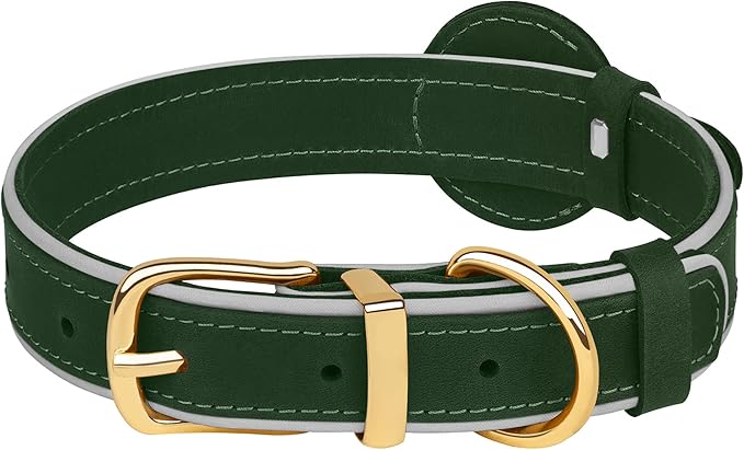 OOPSDOGGY Reflective Geniune Leather Airtag Dog Collar Soft Padded Collars for Small Medium Large Breed Dogs Puppy, 4 Sizes, 7 Colors (Green, Large, 15"-19")-Mewly Pet