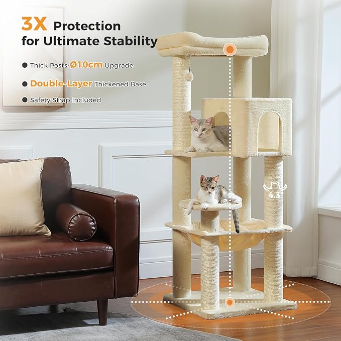 Large Cat Tree with Reinforced Scratching Posts (φ3.1in) for Big Adult Cats 30 lbs, 57.8" Heavy Duty Cat Tower with Larger Hammock and Condo, Cat Furniture for Maine Coon, Plush,Beige-Mewly Pet