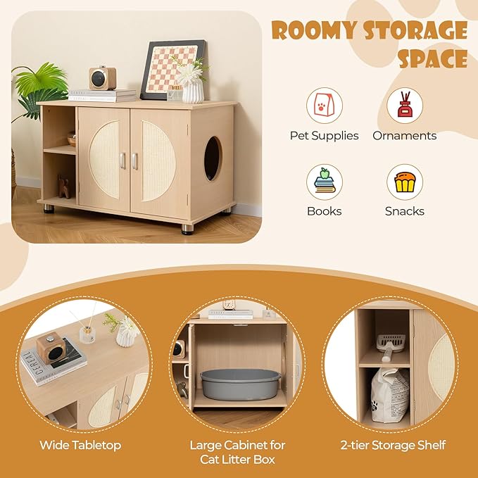 Tangkula Litter Box Enclosure, Hidden Cat Washroom with Storage Shelf, Sisal Scratching Doors, Adjustable Metal Feet, Modern Cat Litter Cabinet Storage Bench, Enclosed Litter Box Furniture (Natural)-Mewly Pet
