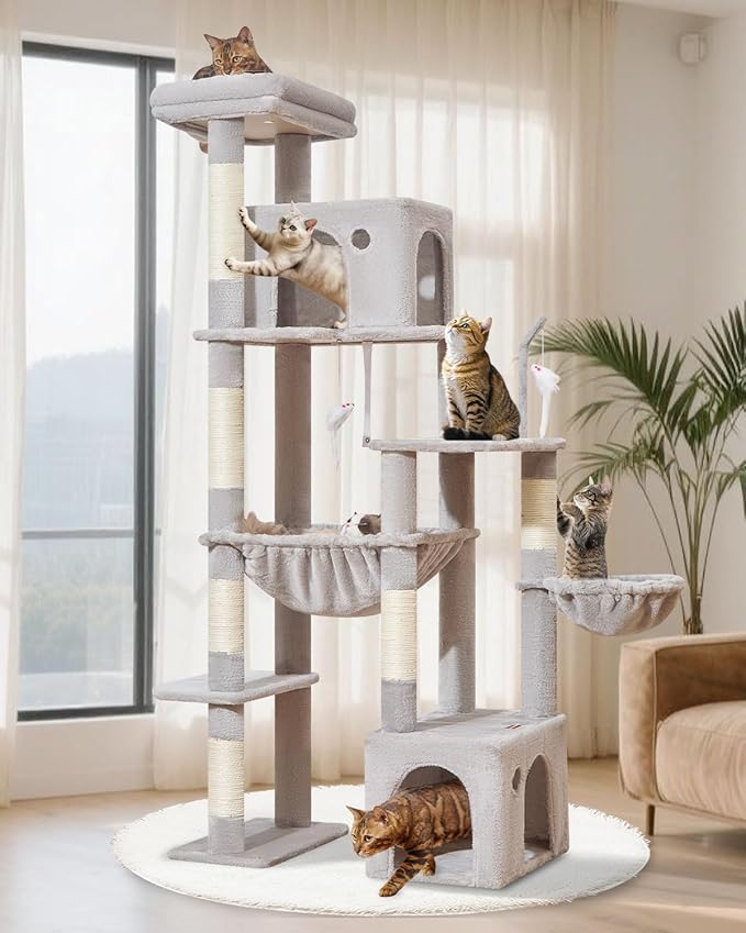 Taoqimiao 71 Inches Cat Tree for Indoor Cats Large Adult, Multi-Level Tall Cat Tower, 2 Cat Condo with 6 Scratching Posts, Super Large Hammcock, Cat Toys, Cozy Basket, Light Gray, MS037W-Mewly Pet