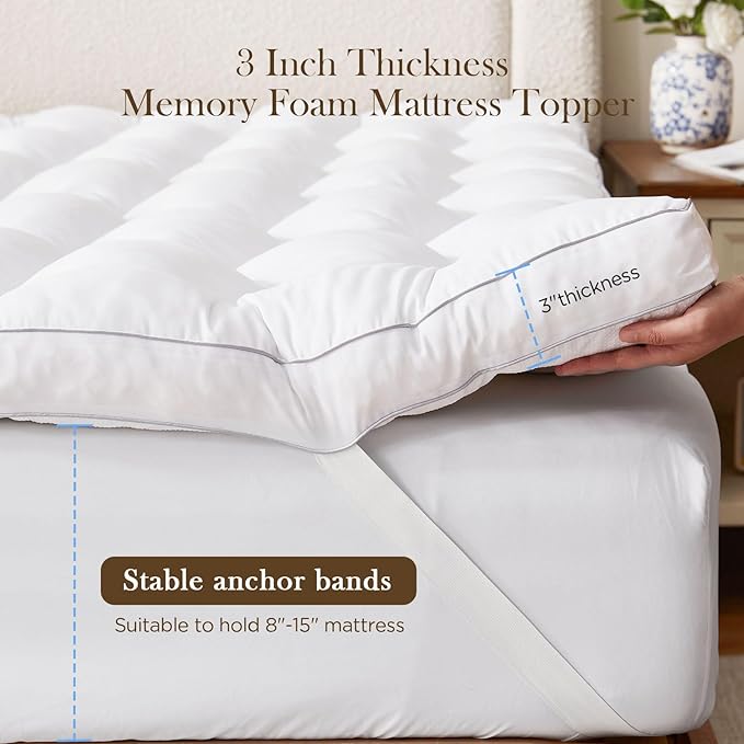 Decroom 3 Inch Memory Foam Mattress Topper Queen Size for Back Pain Relief, Thicked Down Alternative-Lined Mattress Pad，Filled with Breathable & Soft Memory Foam Pillow Top, 80x60x3 Inch