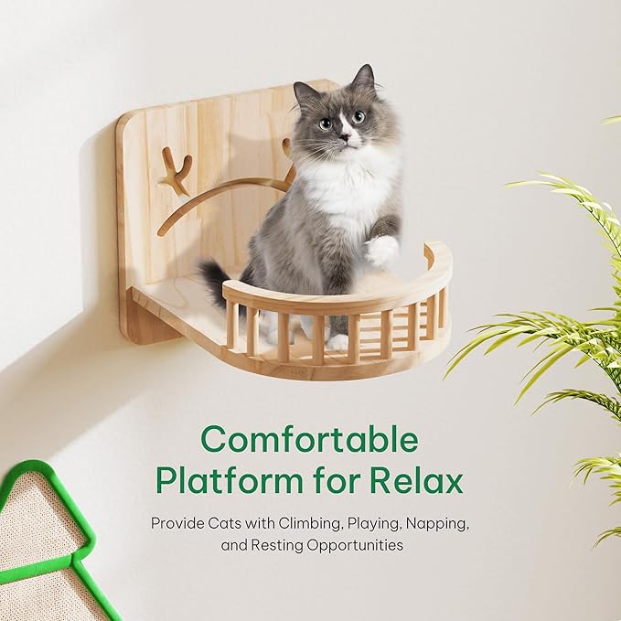 Cat Wall Shelves, Cat Wall Furniture Pine Wooden Feline Shelf, 16 Piece Shelves and Perches with Bowl, Warmer Mat, Condos, House, Steps and Cat Scratcher-Mewly Pet