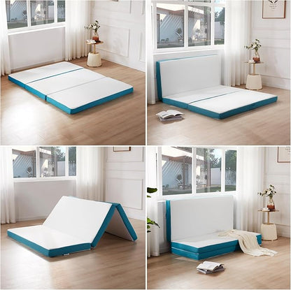 SINWEEK Memory Foam Folding Mattress, 4 Inch Foldable Trifold Mattress Topper, CertiPUR-US Certified Guest Bed with Cooling Cover & Waterproof Lining