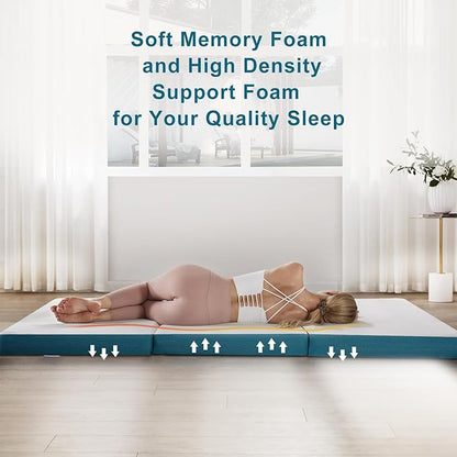 SINWEEK Memory Foam Folding Mattress, 4 Inch Foldable Trifold Mattress Topper, CertiPUR-US Certified Guest Bed with Cooling Cover & Waterproof Lining