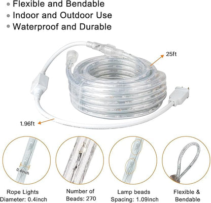 SURNIE LED Rope Lights Outdoor Warm White, Waterproof 25FT Cuttable 3000K Soft Lighting Indoor 110V Flexible Clear Tube for Bedroom Outside Garden Deck Patio Camping Decor, Not Flat Strip