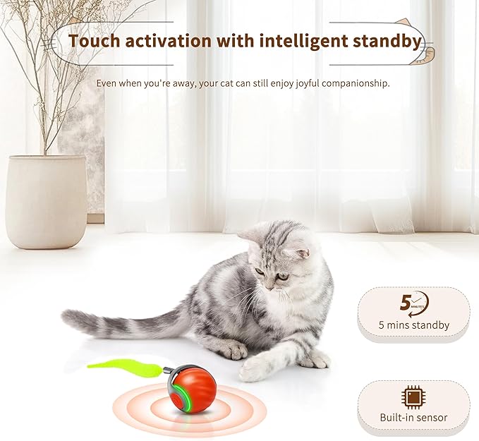 Speedy Tail 2.0 Interactive Cat Toy – Smart Self-Rolling Cat Ball with Feather Tail, Automatic Moving Motorized Toy for Indoor Cats, Chasing & Hunting Fun (Orange)-Mewly Pet