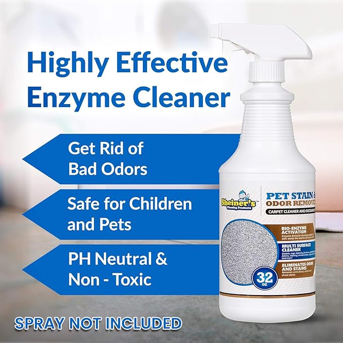 Sheiner's Pet Stain Remover & Pet Odor Eliminator, Advanced Cleaning Bio-Enzyme Cleaner Solution for Carpets, Rugs, Upholstery & Multi-Surfaces, Safe for Pets & Kids. (32 oz)-Mewly Pet