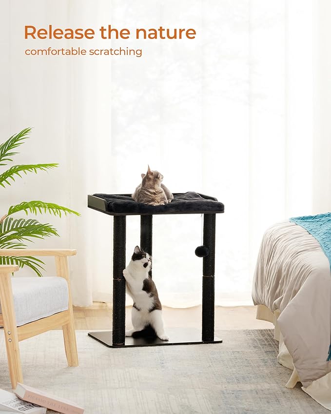 FourFurPets 26.7in Cat Tree Tower Condo, Cat Scratch Posts for Indoor Cats, Big Plate, Three 23.6in Full Sisal Scratching Posts, Black-Mewly Pet