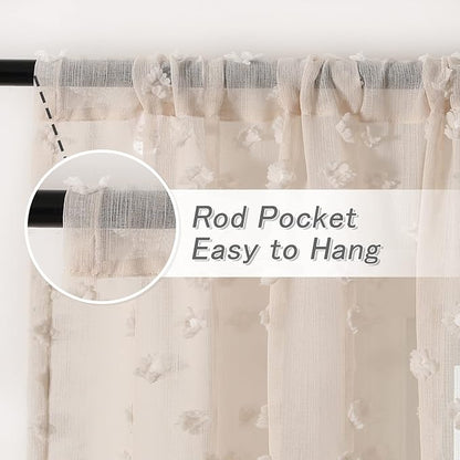 MYSKY HOME Pom Pom Beige Sheer Curtains for Bedroom Girls Room Curtains 72 Inches Long for Nursery Kids Light Filtering Boho Window Drapes, Rod Pocket, 52" Wide, 2 Panels