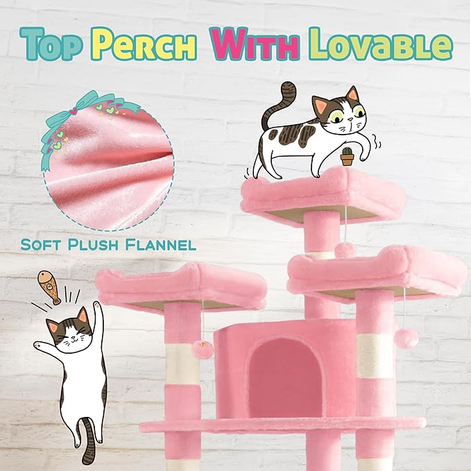SHA CERLIN 73in Fan-Shaped Corner Cat Tower for Save Space/Multi-Level Tall Cat Tree for Indoor Kitties/Condo with Baskets/Cozy Perches/Sisal Scratching Posts/Pet Activity House/Pink-Mewly Pet