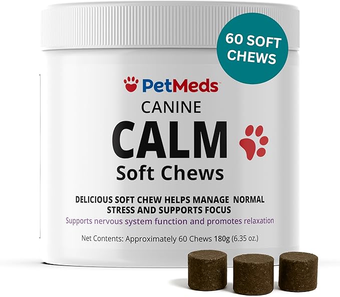 PetMeds Calm Supplement for Dogs - Anxiety & Stress Relief with Vitamins, Theanine & Lemon Balm - Supports Dogs During Travel, Thunder & Separation - Beef & Sweet Potato Flavor - 60 Soft Chews-Mewly Pet