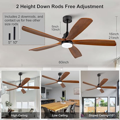 BOJUE 60 Inch Ceiling Fans with Lights and Remote Control, Modern Ceiling Fan with Light for Bedroom, Noiseless DC Motor, Dimmable Led 5 Solid Wood Blades