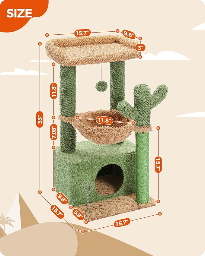 PEQULTI 4-in-1 Cactus Cat Tree, 33'' Cat Tower for Indoor Cats with Large Condo, Cat Scratching Post for Cats with Deep Hammock& Cozy Top Perch,Green-Mewly Pet
