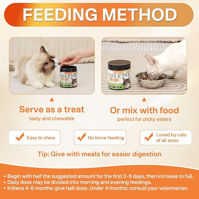 4-in-1 Flea Treatment for Cats Chewable, Natural Cat Flea and Tick Prevention Chewable Supplement for Skin & Coat | Immunity Support | Digestive | Flea & Tick Treatment for All Breeds & Sizes-Mewly Pet