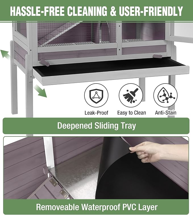 GUTINNEEN Guinea Pig Cage Rabbit Cage Indoor with Chew-Proof Edges, Clean Deep Tray, Leakproof PVC Layer, Small Animals Cage with Adjustable Legs - Grey-Mewly Pet